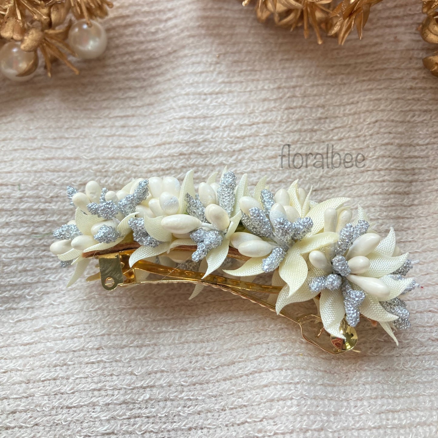 White and silver floral barrette clip