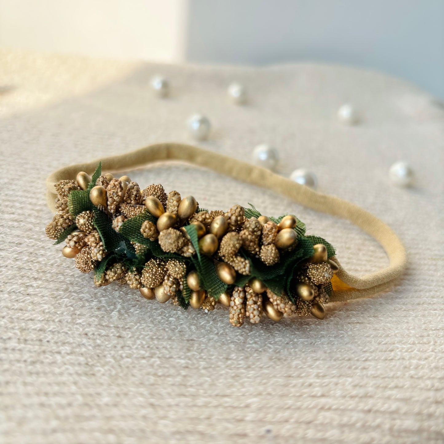 Golden pollens floral baby headband - Nude headband