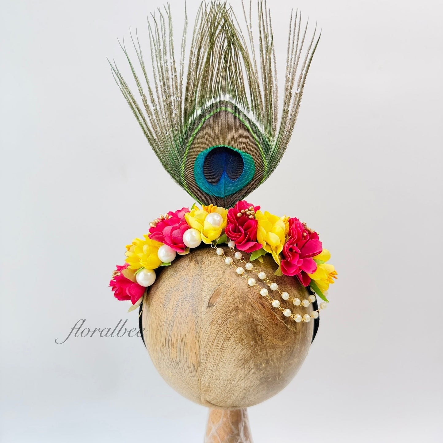 Peacock baby headband 13 (yellow and fuchsia) - Janmashtami special