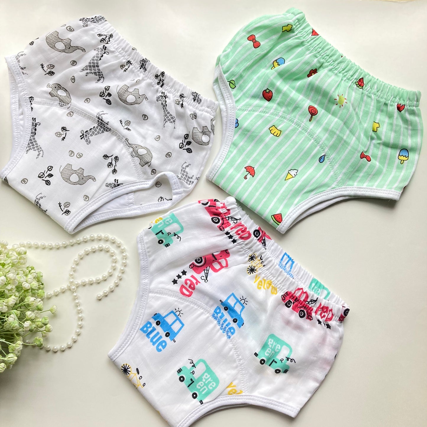 Muslin padded underwear 12-18M: Green stripe-Cars-Animals BW