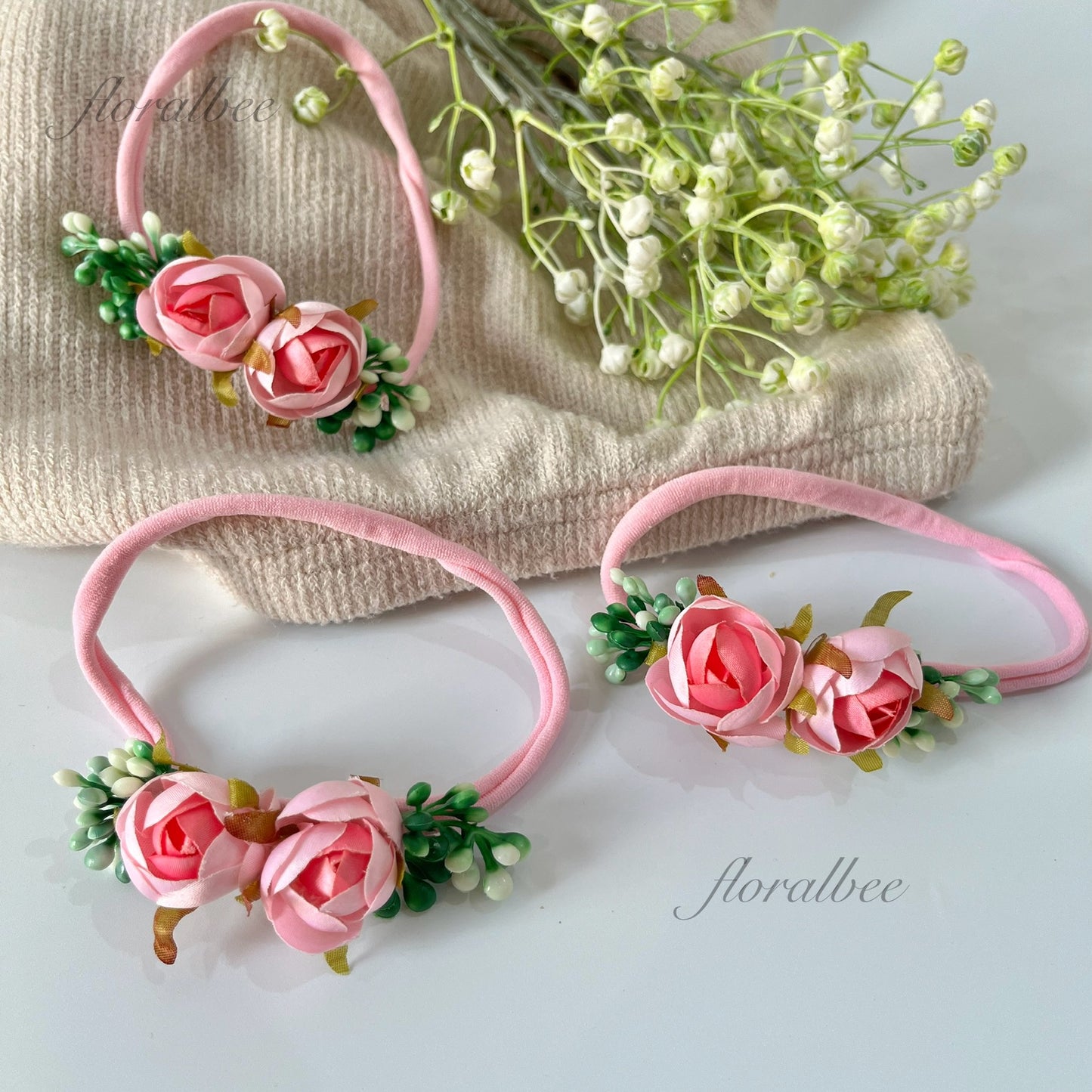 Pink peony floral baby headband
