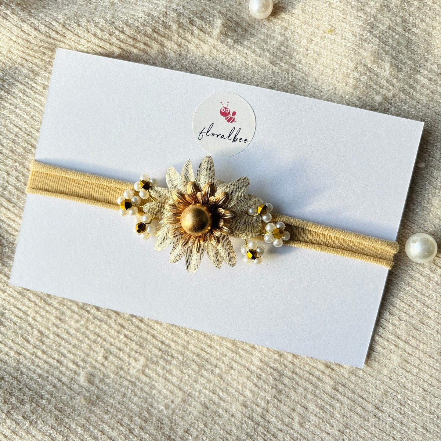 Golden flower with beads floral baby headband