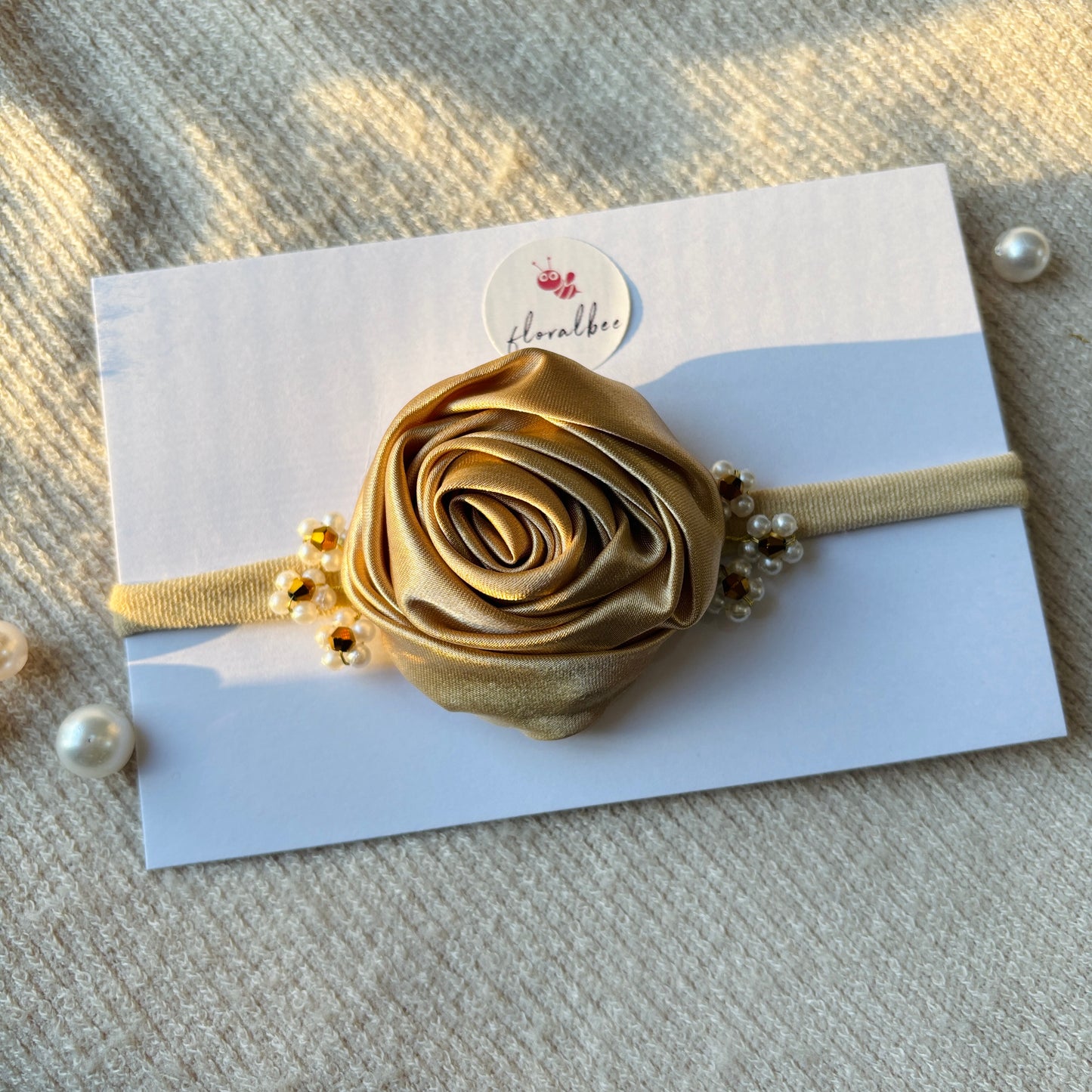 Golden satin floral baby headband