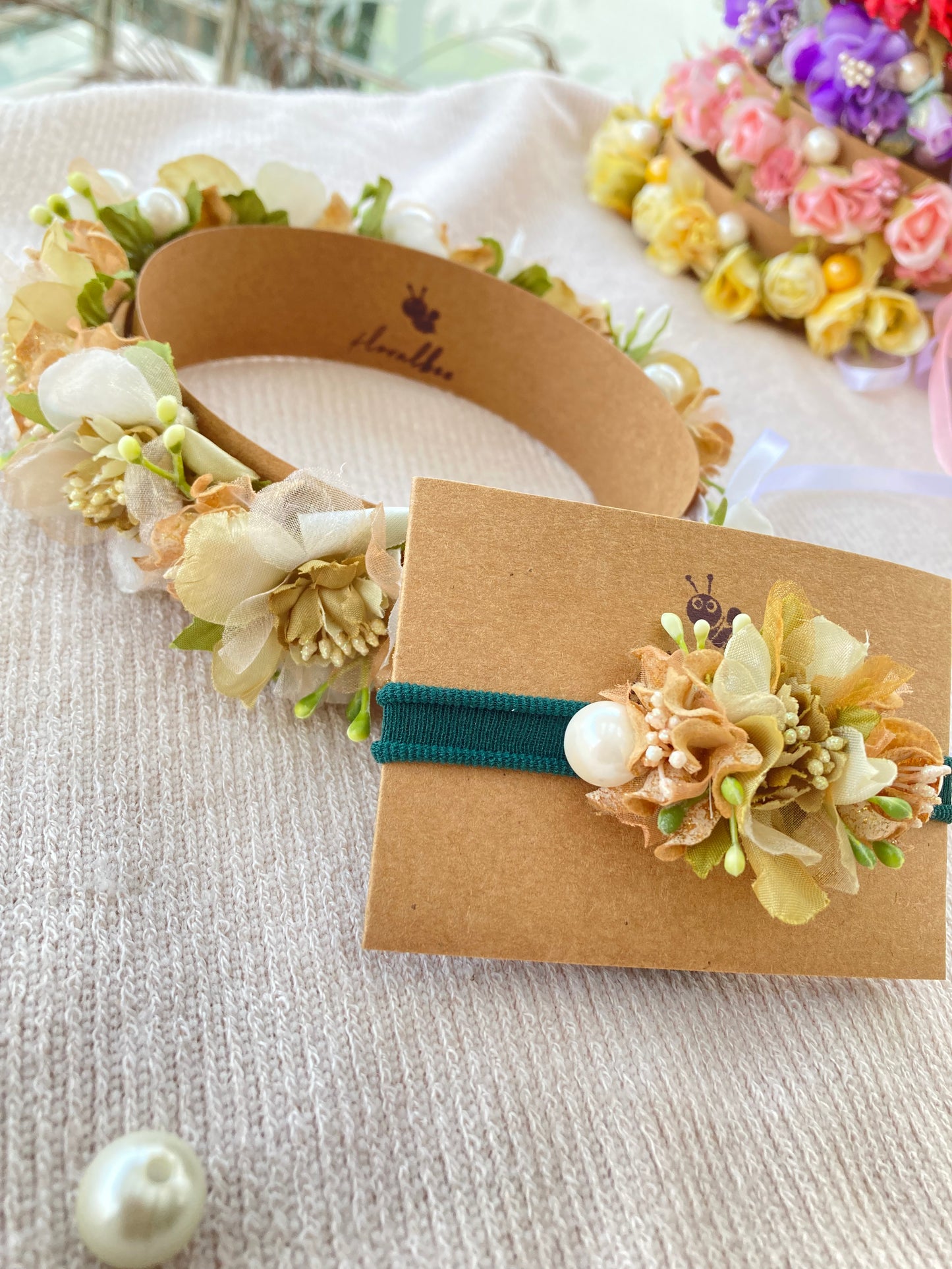 Kids floral tiara and baby headband : Lush green