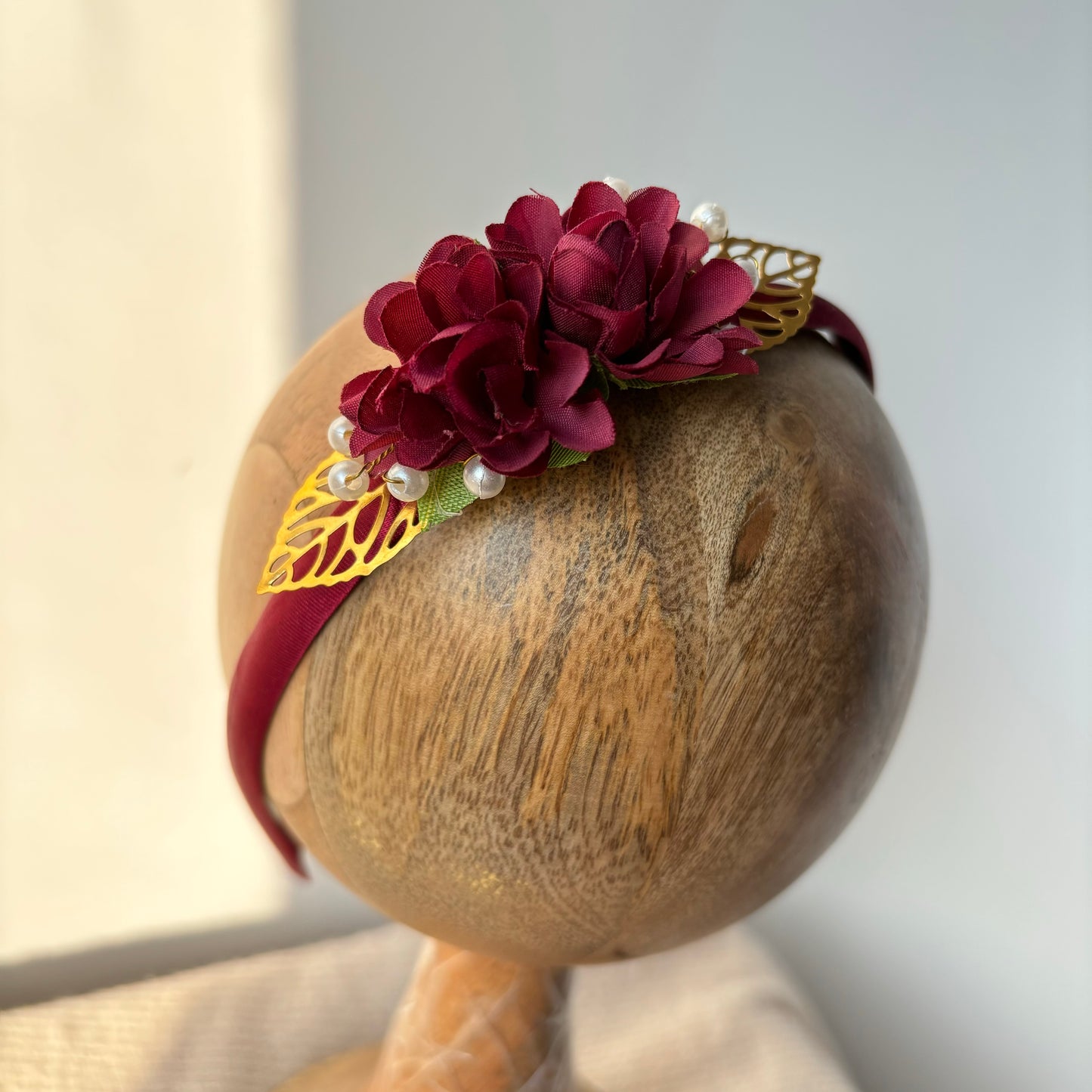 Wine flowers with golden leaf Alice headband