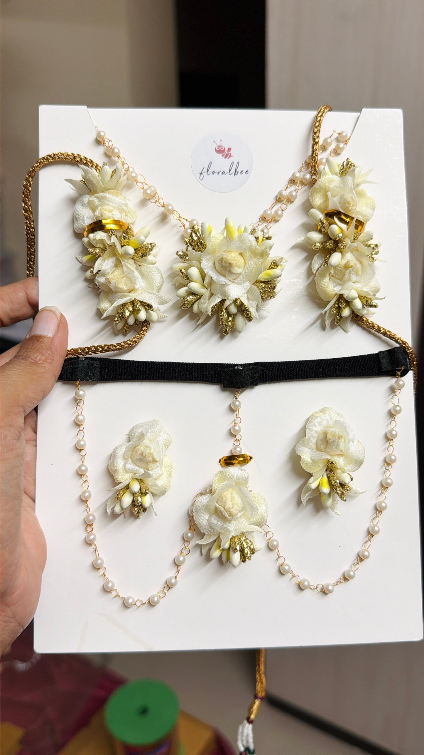 White rose with gold glitter pollens- Baby Radha Accessories Set with soft headband - Janmashtami special