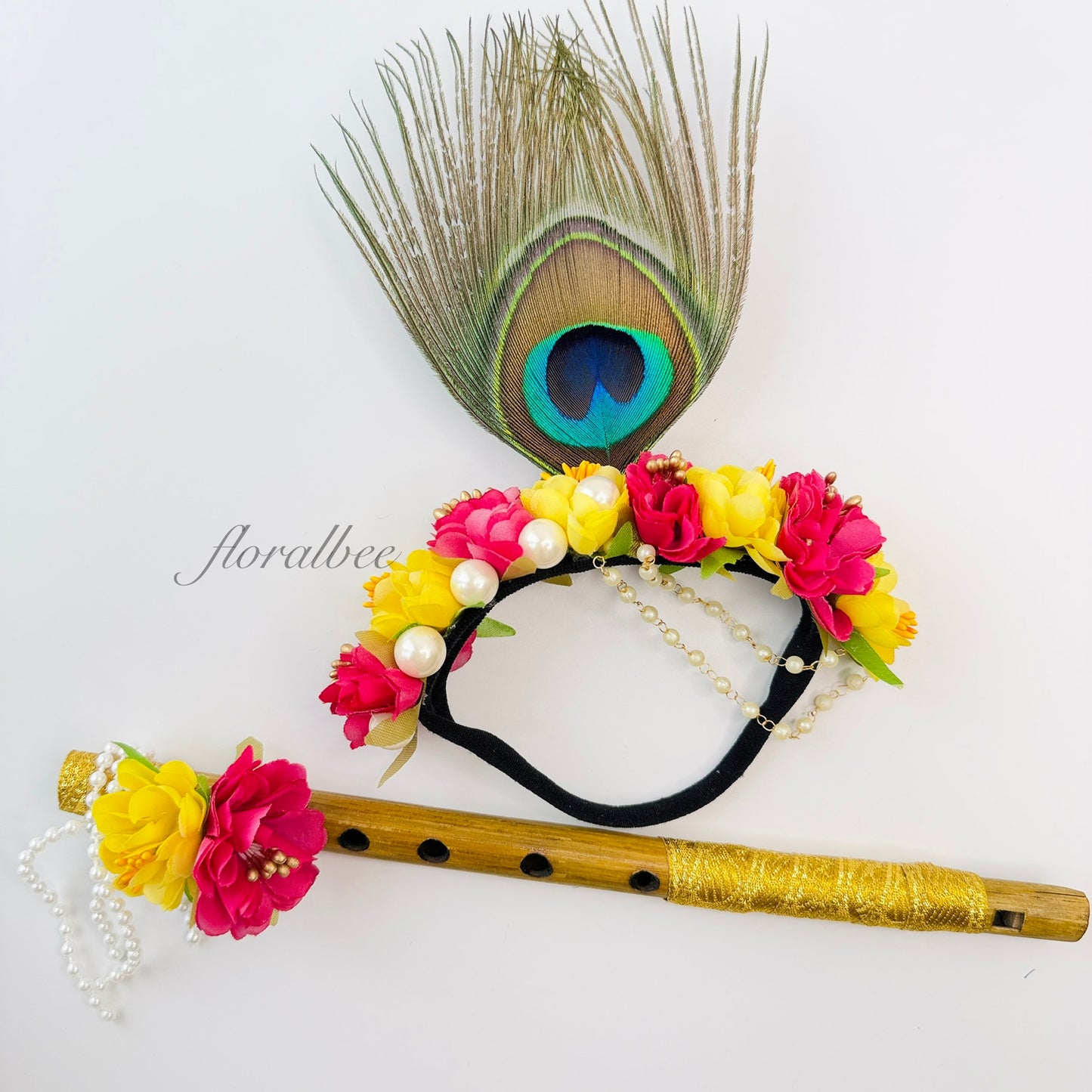 Peacock baby headband 13 (yellow and fuchsia) - Janmashtami special
