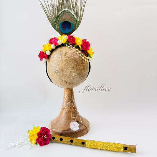 Peacock kids floral headband 13 (yellow and fuchsia) - Janmashtami special