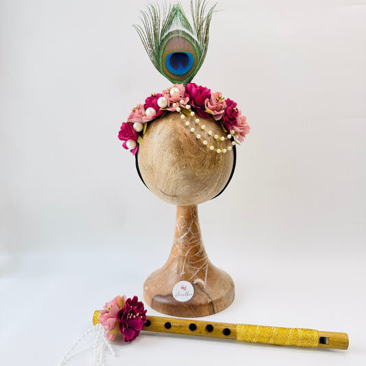 Peacock kids floral headband 12 (Pink and wine) - Janmashtami special