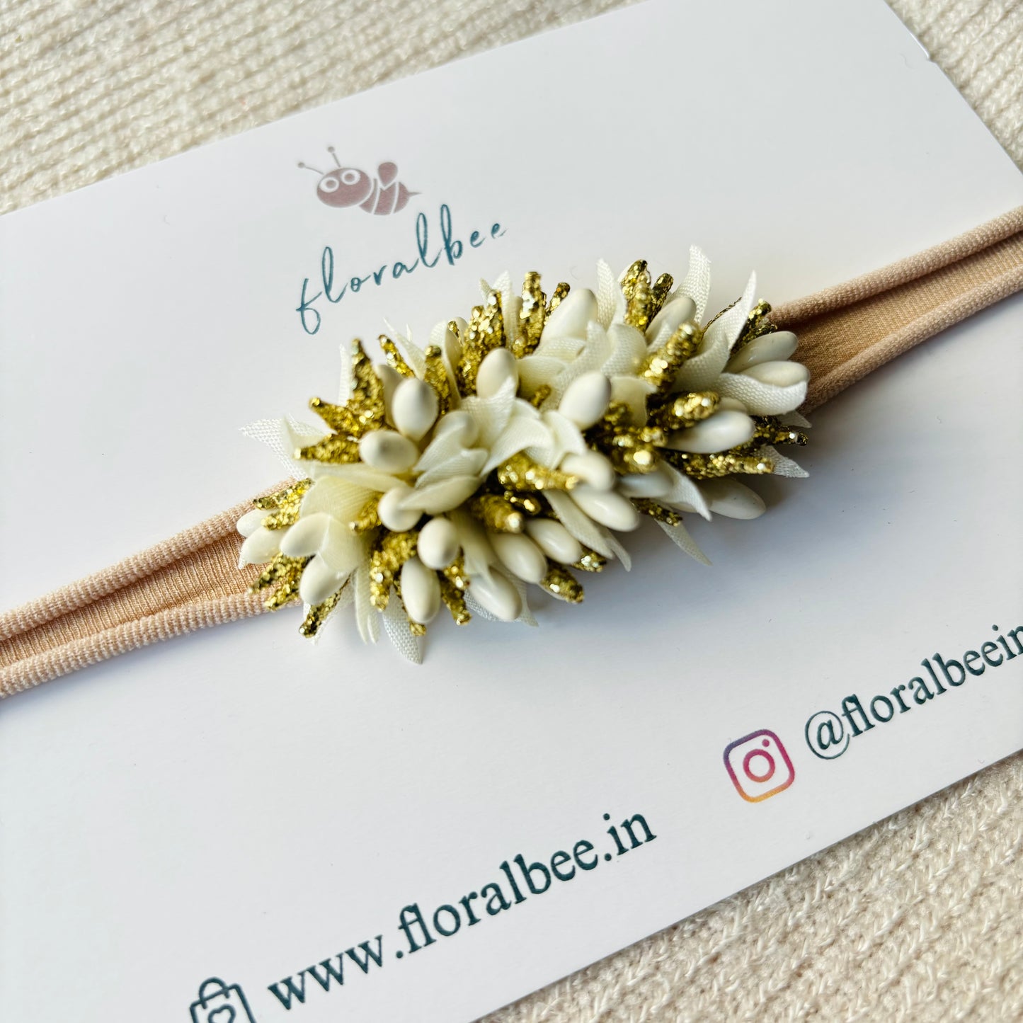 White and Golden pollens floral baby headband