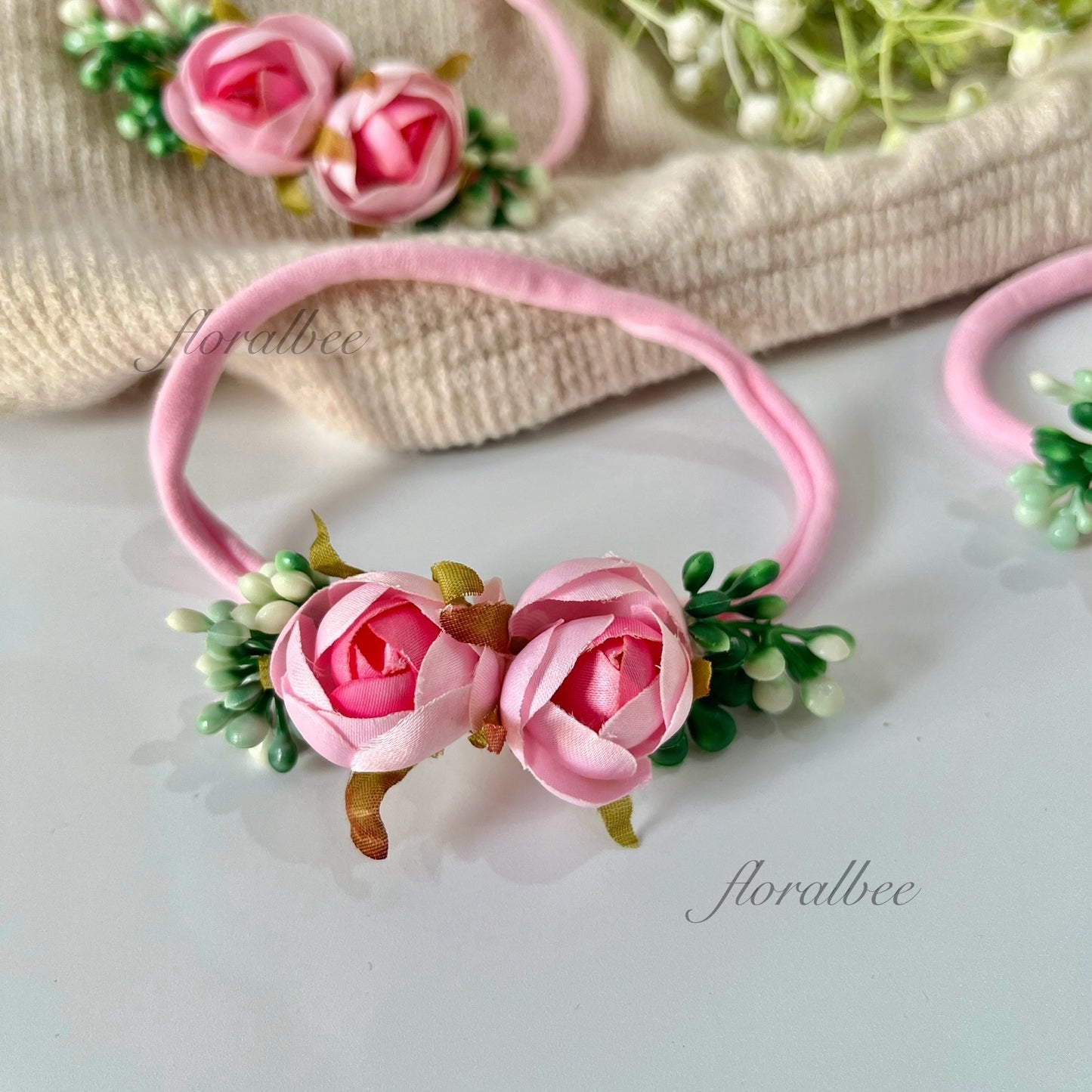 Pink peony floral baby headband