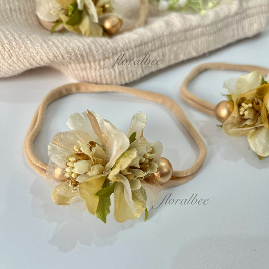 Greenish gold floral baby headband