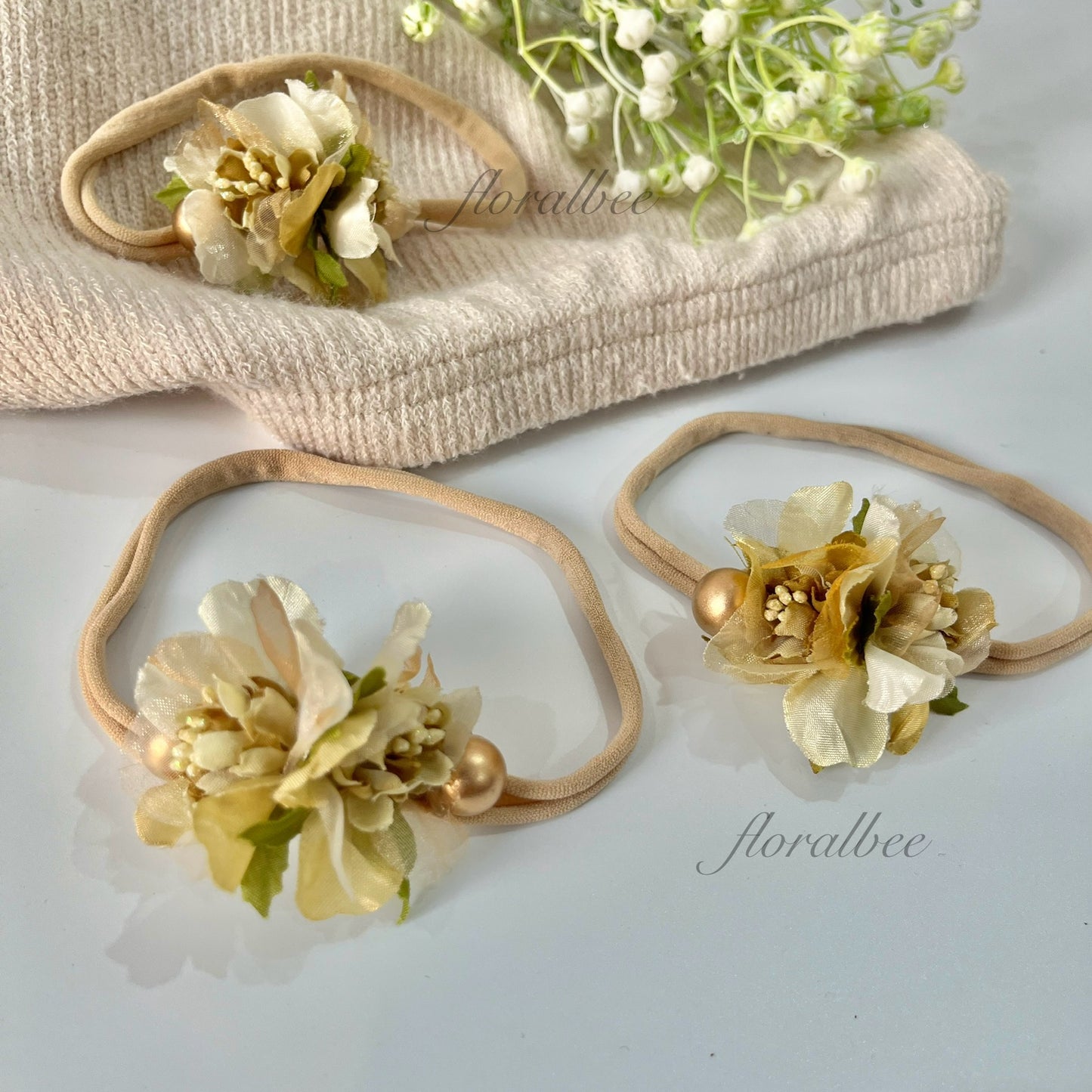 Greenish gold floral baby headband