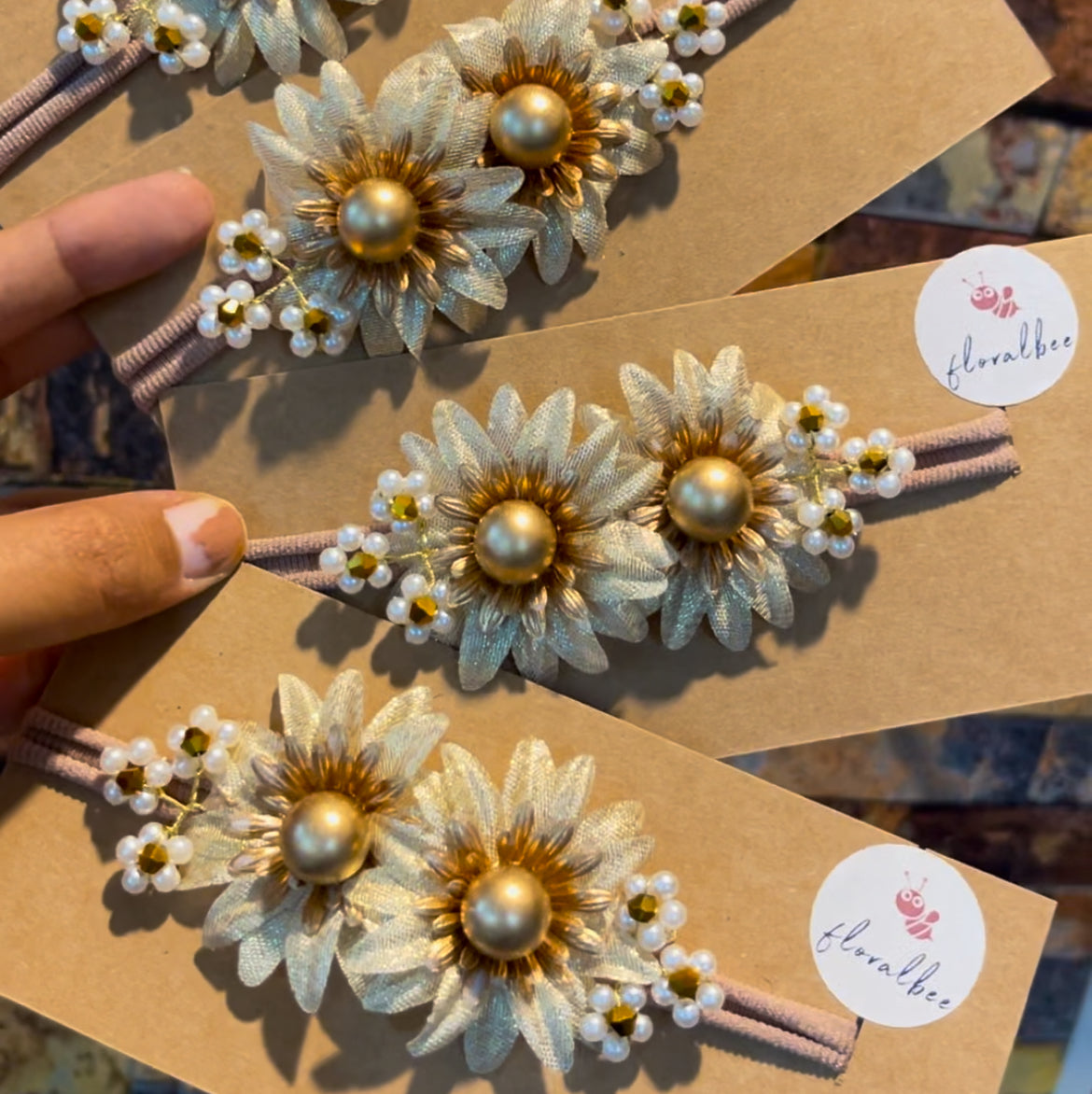 Golden flowers with beads floral baby headband