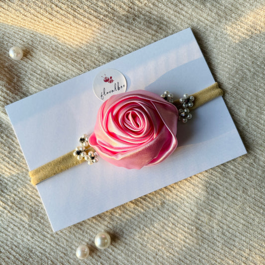 Pink satin floral baby headband