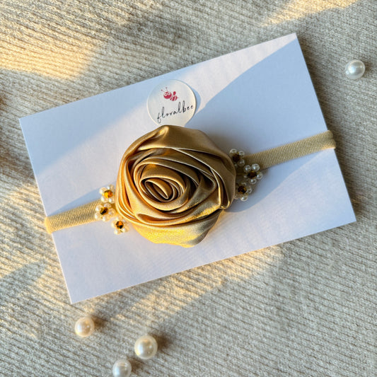 Golden satin floral baby headband