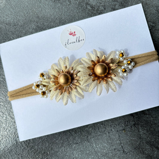 Golden flowers with beads floral baby headband