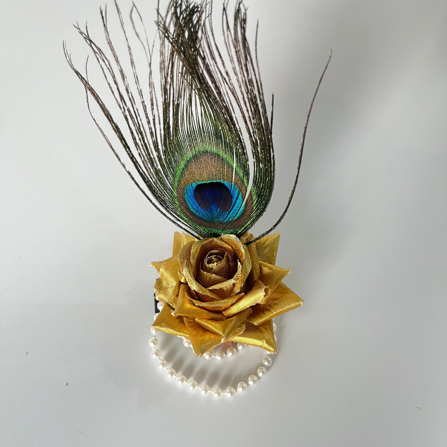 Janmashtami special Golden rose alligator clip with peacock feather