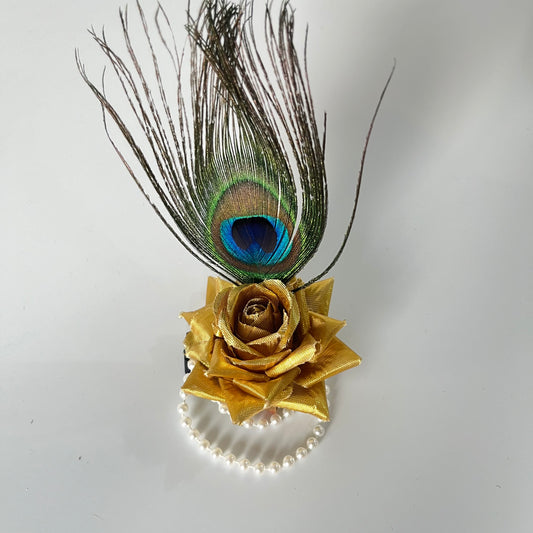 Janmashtami special Golden rose alligator clip with peacock feather