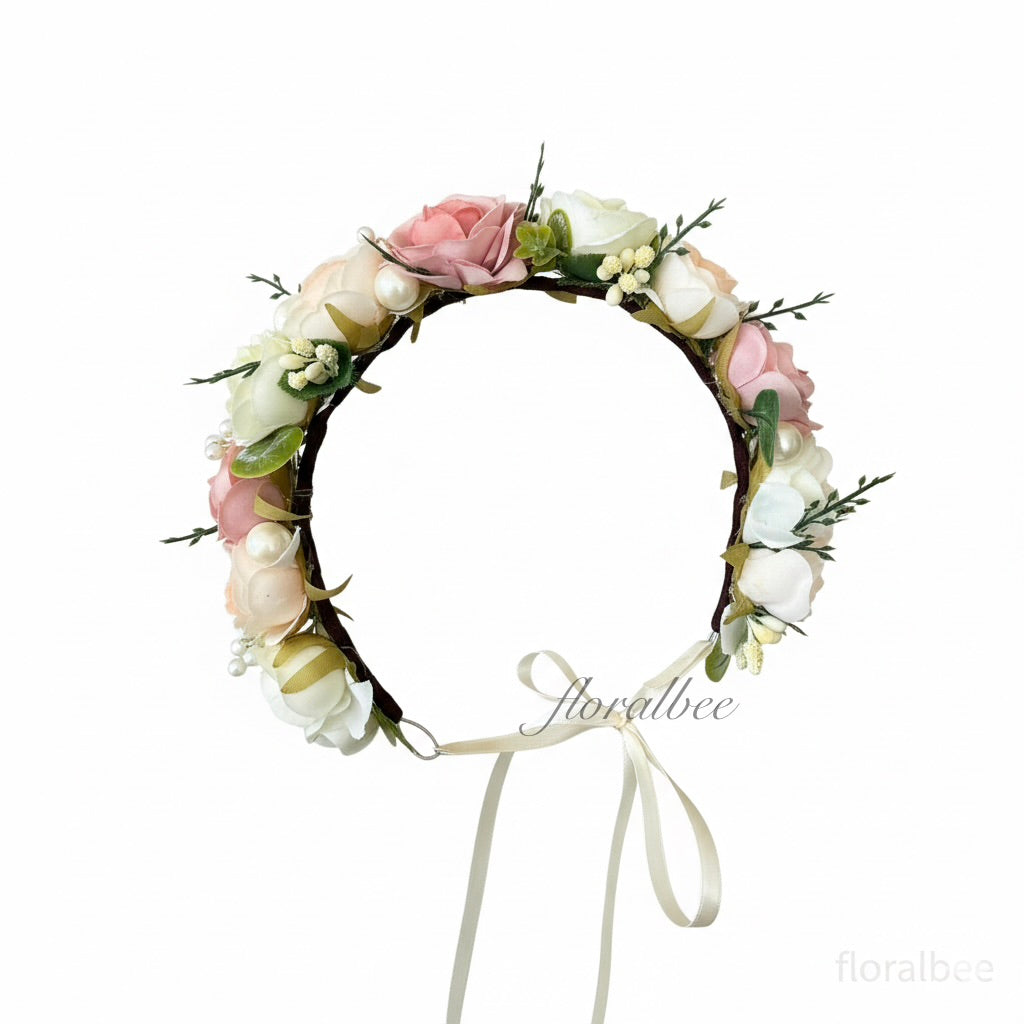 Shades of pink tie back flower crown tiara