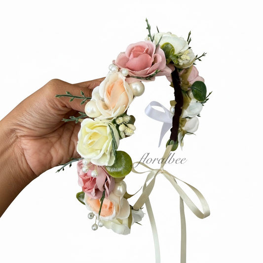 Shades of pink tie back flower crown tiara